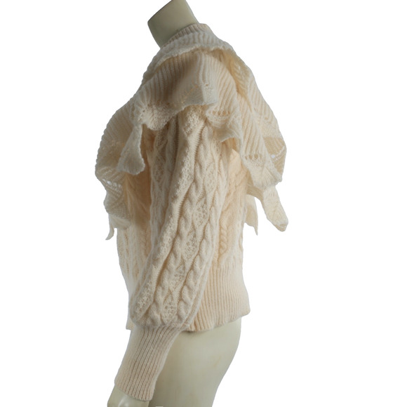 ENTRO Cream Ivory Ruffle Knit Sweater Women’s Size S Soft Pullover Cozy Top - Picture 7 of 11